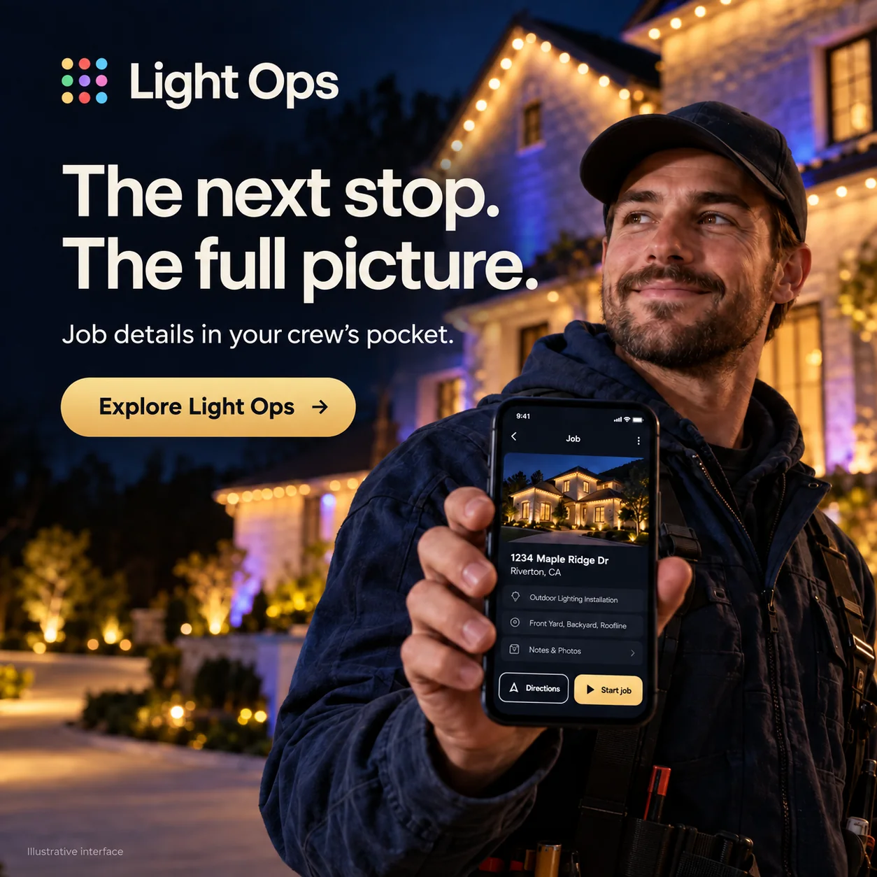 Promotional artwork of an installer holding the Light Ops Crew app