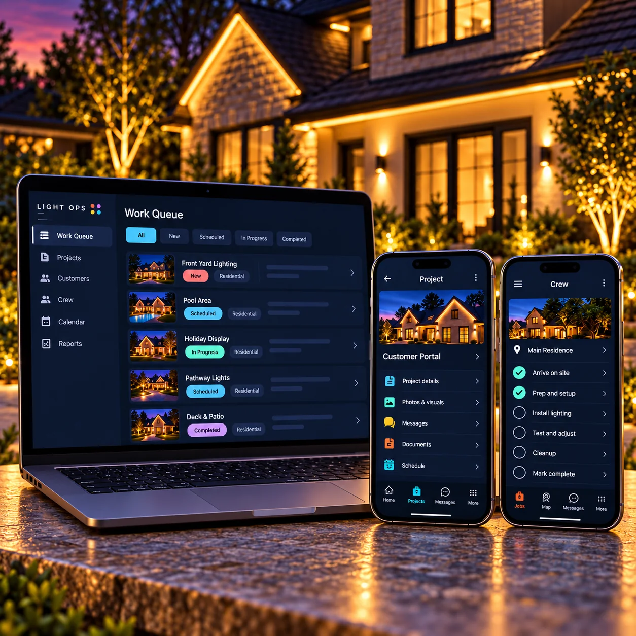 Light Ops office dashboard, customer portal and crew app in front of a home illuminated at dusk